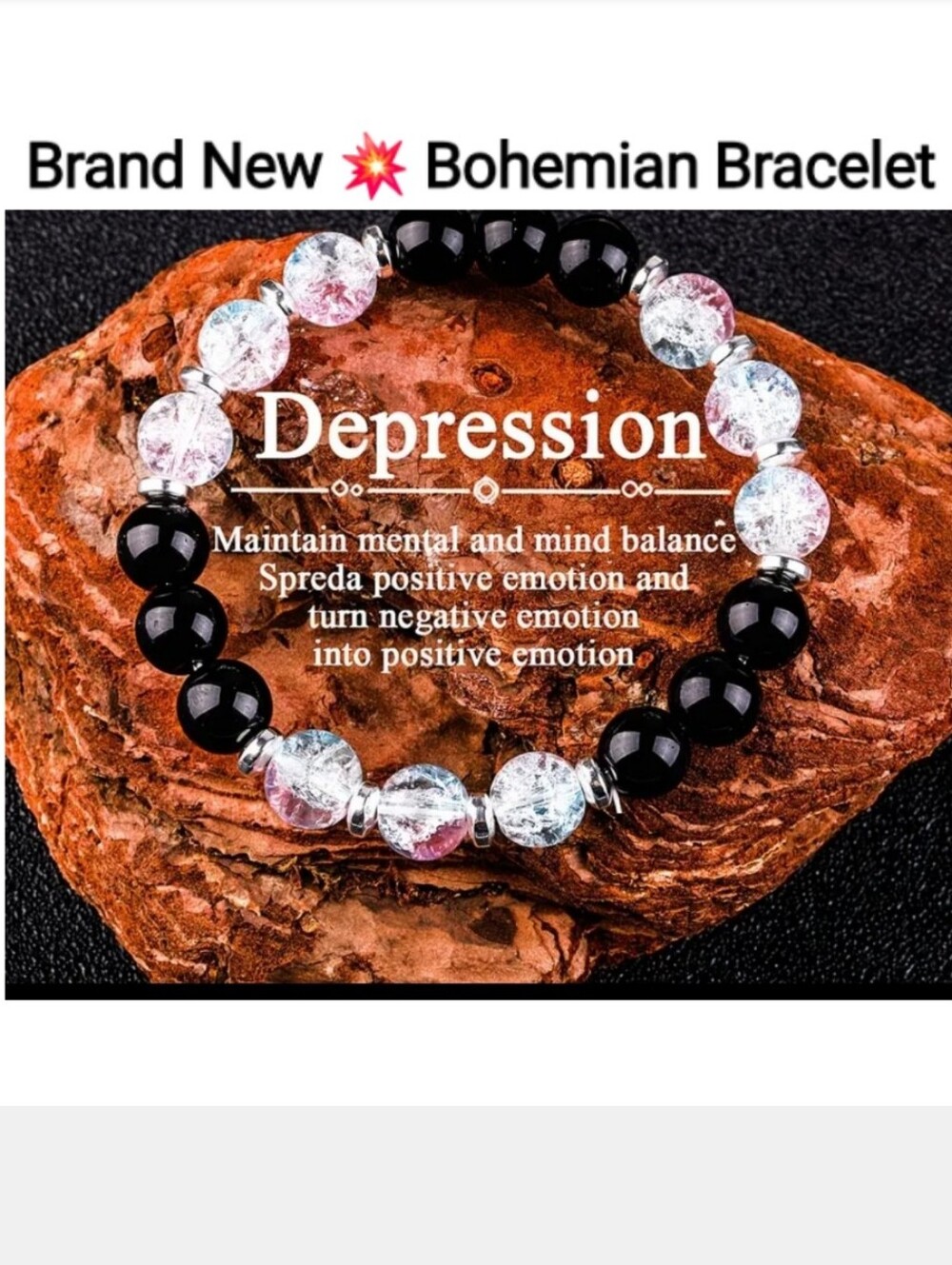 NWT💥 Bohemian Black & Light Crackle Stretch Bead Bracelet